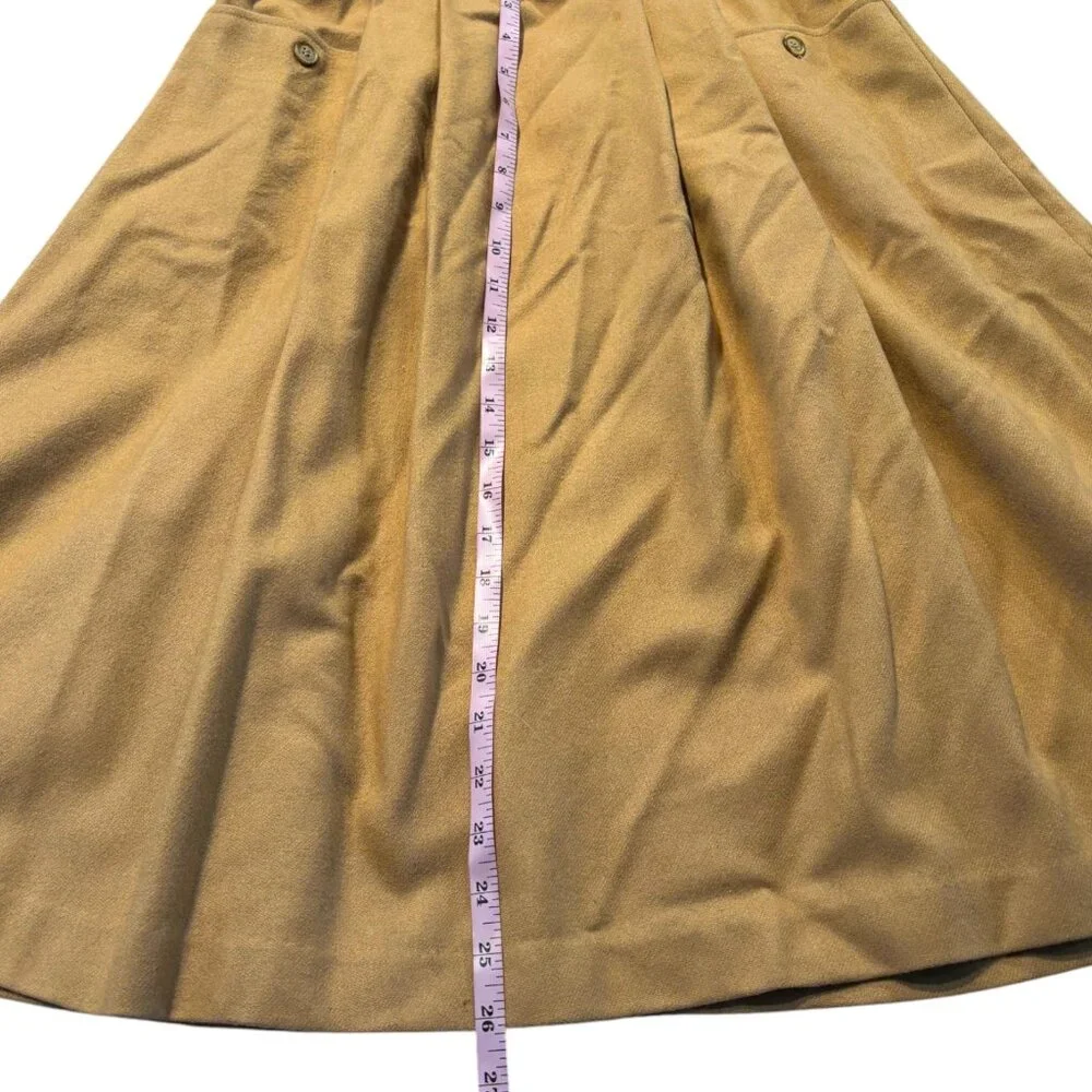 Vintage 70s Women's Size 7/8 tan Wool A-Line Pleat Front Midi Skirt with Pockets